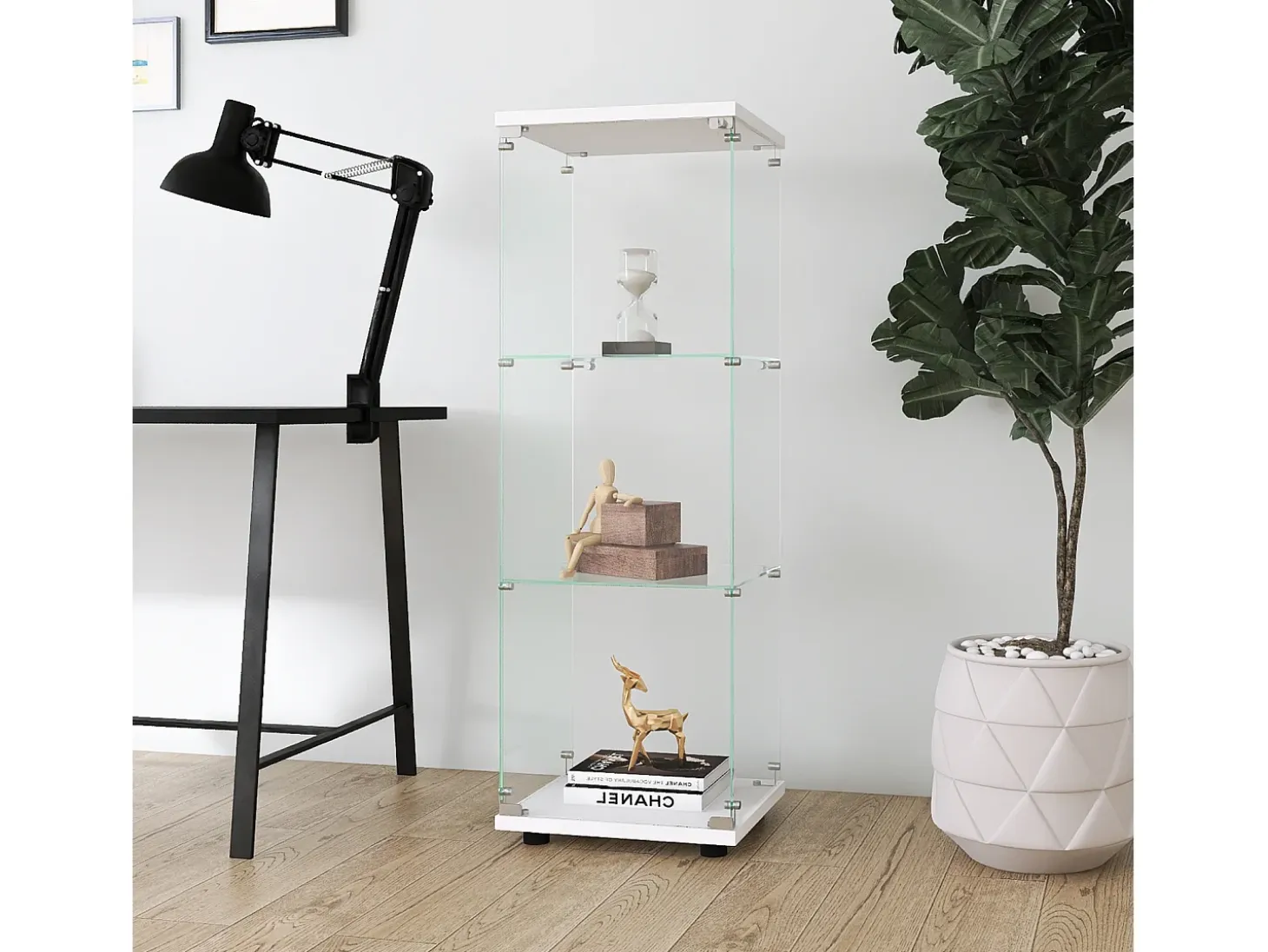 Vitrina de cristal con 3 estantes, 127 x 45 x 14 cm, vitrina de pie, vitrina para salón, color blanco