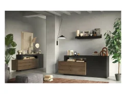 Vitrina de diseño con puertas de vidrio y estantes de vidrio, colección JET, blanco lacado brillante/gris efecto concreto.