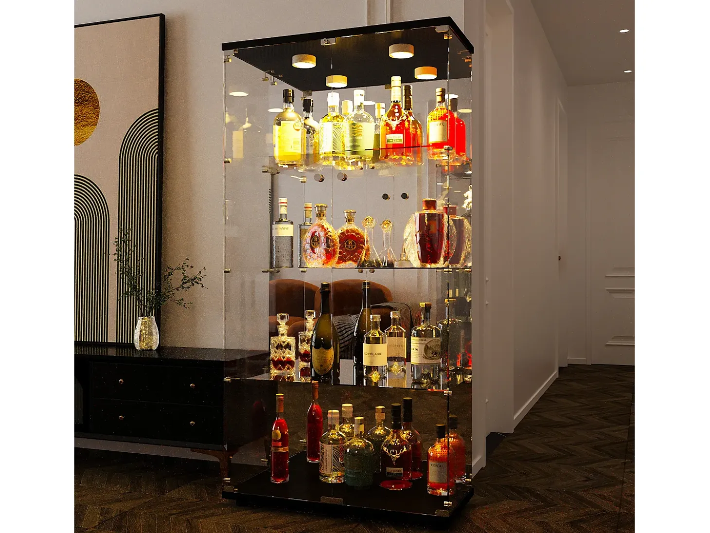 Vitrina de modelismo, Transparente, 80 x 36 x 164 cm, Cocina, Contemporánea, Vidrio templado, Negro