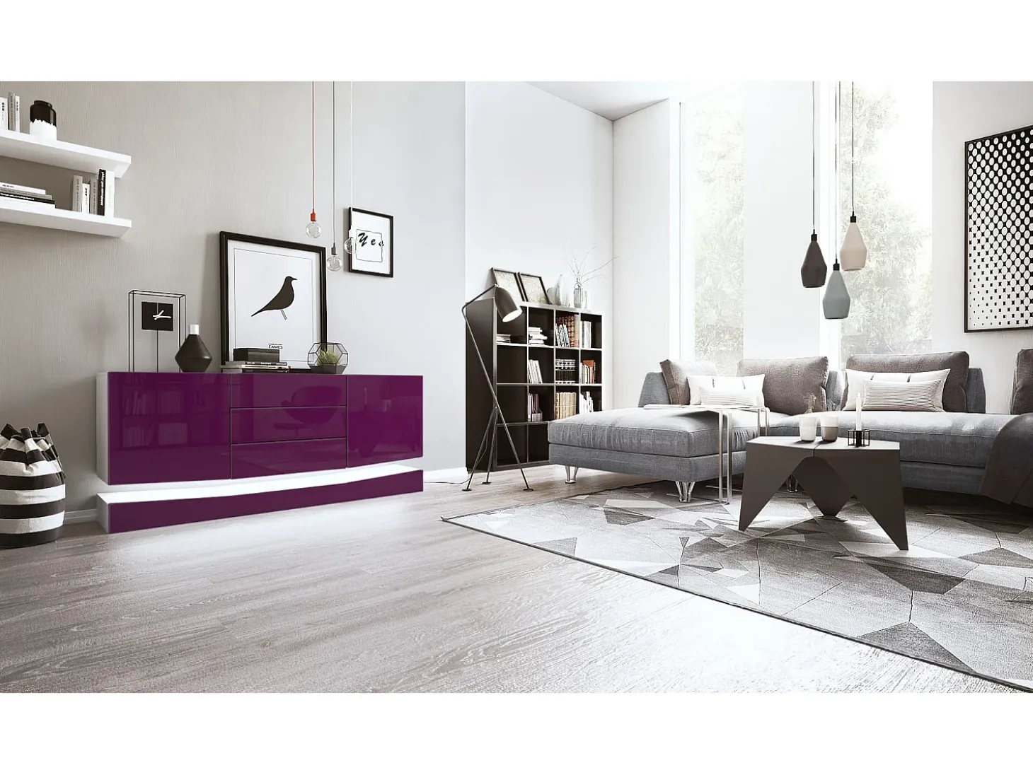 Vladon Aparador City, blanco mate/zarzamora de alto brillo con LED - Cómoda moderna para su salón (178 x 72 x 38 cm)
