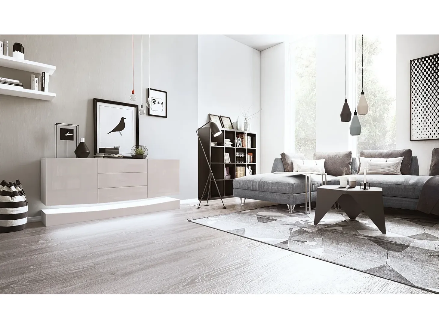 Vladon Aparador City, blanco mate/gris arena de alto brillo con LED - Cómoda moderna para su salón (178 x 72 x 38 cm)