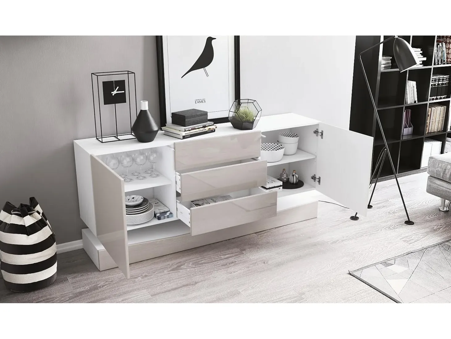 Vladon Aparador City, blanco mate/blanco de alto brillo con LED - Cómoda moderna para su salón (178 x 72 x 38 cm)