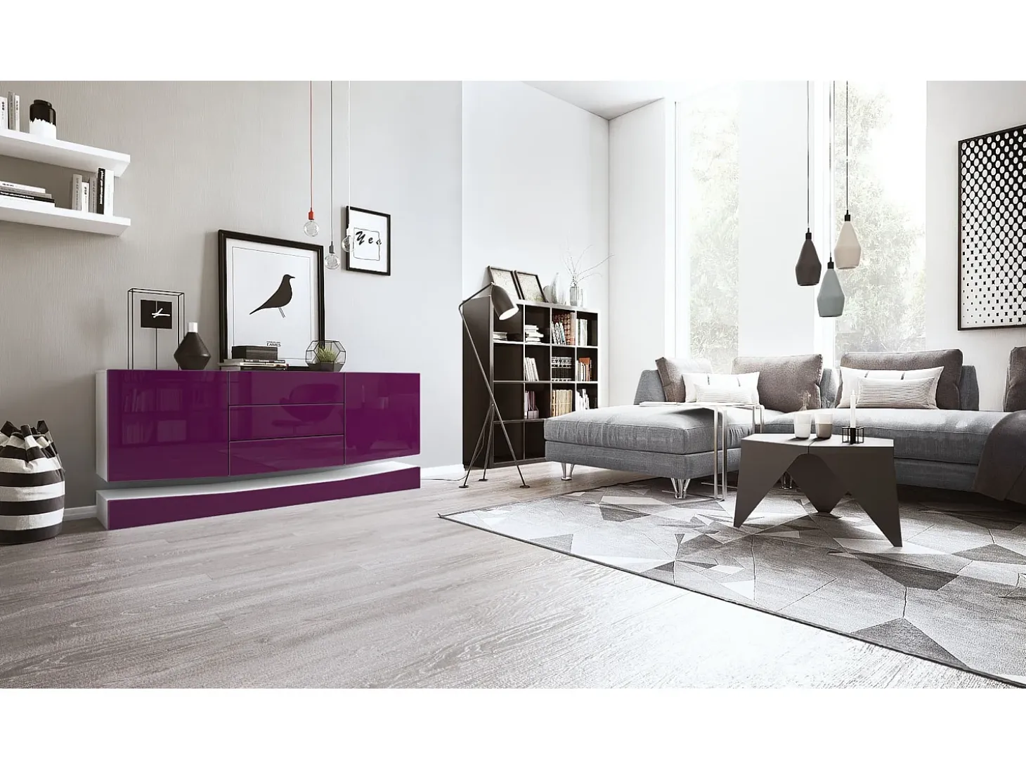 Vladon Aparador City, blanco mate/zarzamora de alto brillo - Cómoda moderna para su salón (178 x 72 x 38 cm)