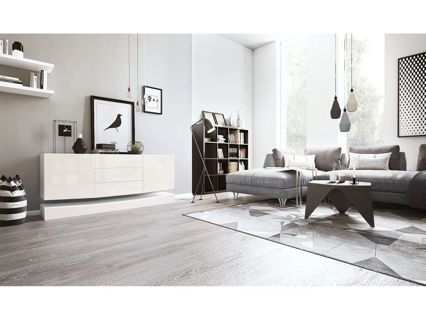 Vladon Aparador City, blanco mate/crema de alto brillo - Cómoda moderna para su salón (178 x 72 x 38 cm)