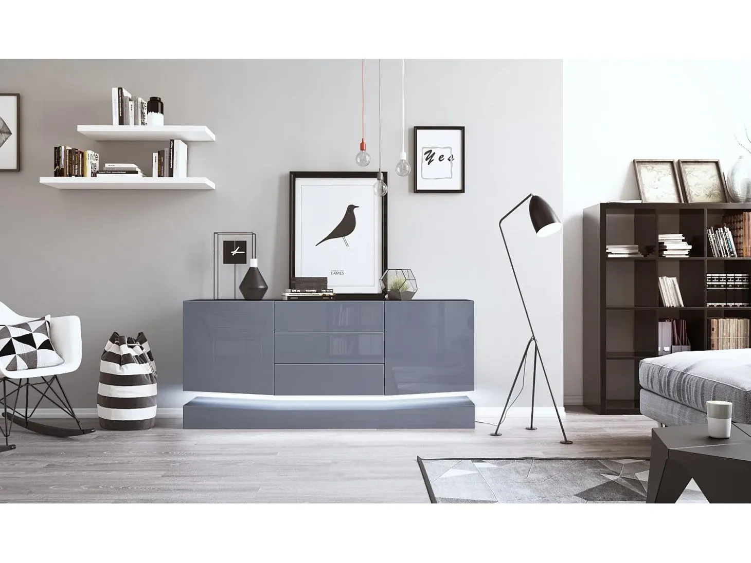 Vladon Aparador City, negro mate/gris de alto brillo con LED - Cómoda moderna para su salón (178 x 72 x 38 cm)