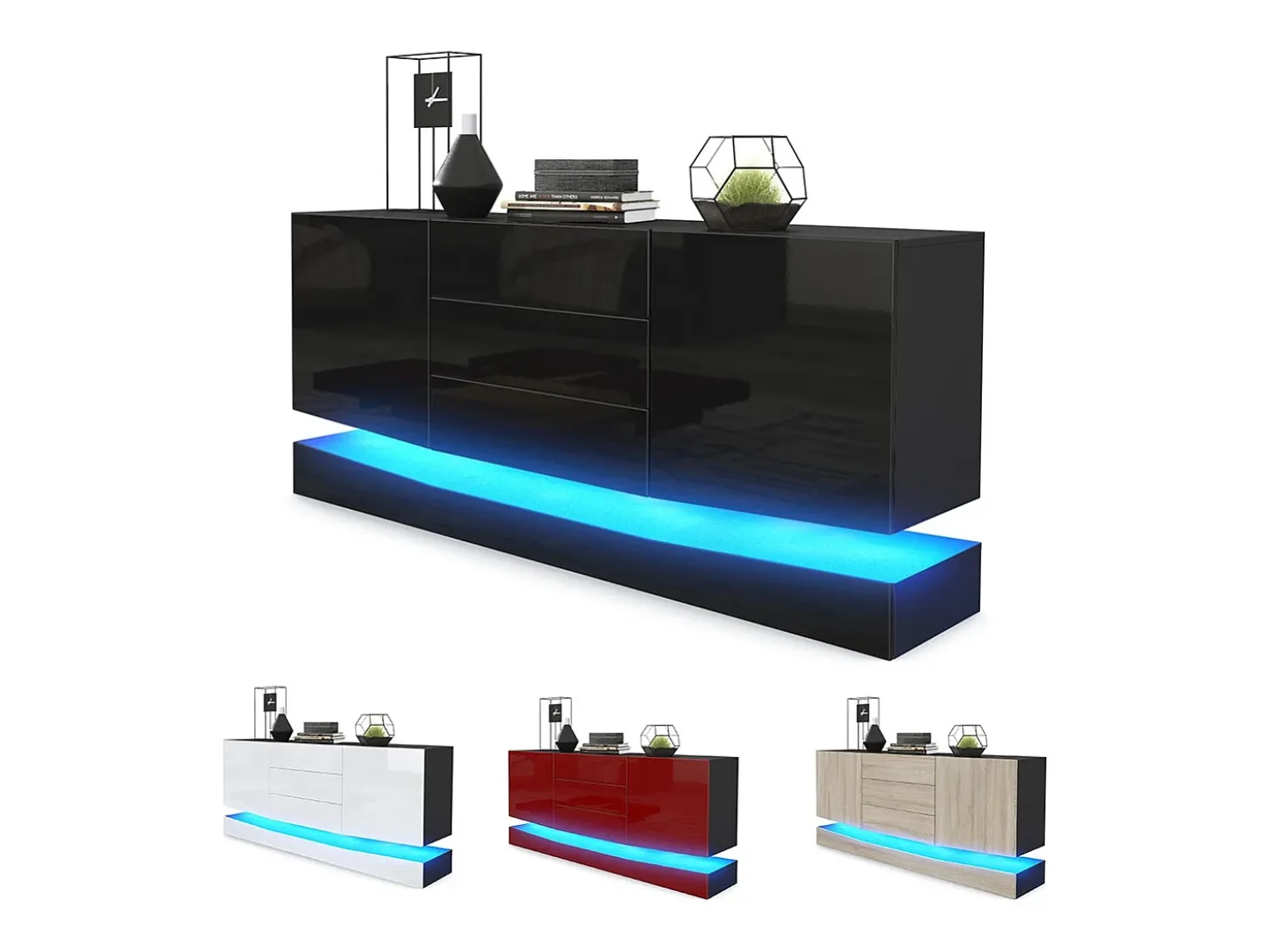 Vladon Aparador City, negro mate/blanco de alto brillo con LED - Cómoda moderna para su salón (178 x 72 x 38 cm)