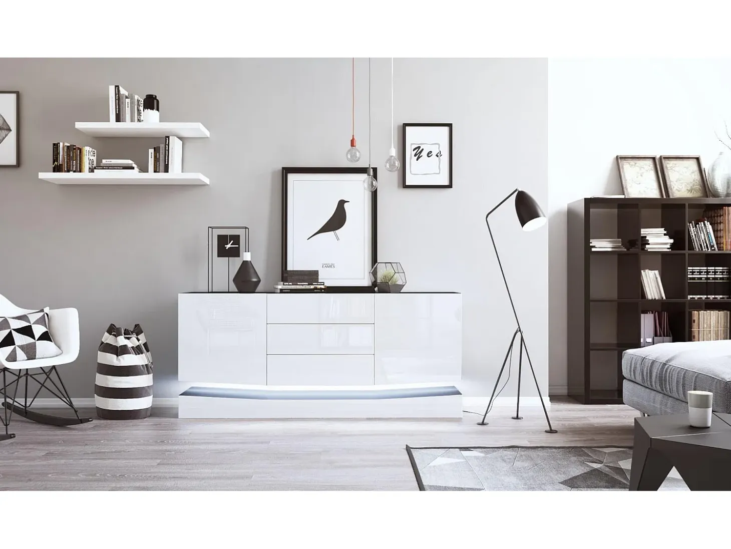 Vladon Aparador City, negro mate/blanco de alto brillo con LED - Cómoda moderna para su salón (178 x 72 x 38 cm)