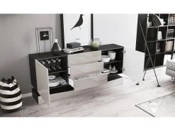 Vladon Aparador City, negro mate/blanco de alto brillo con LED - Cómoda moderna para su salón (178 x 72 x 38 cm)