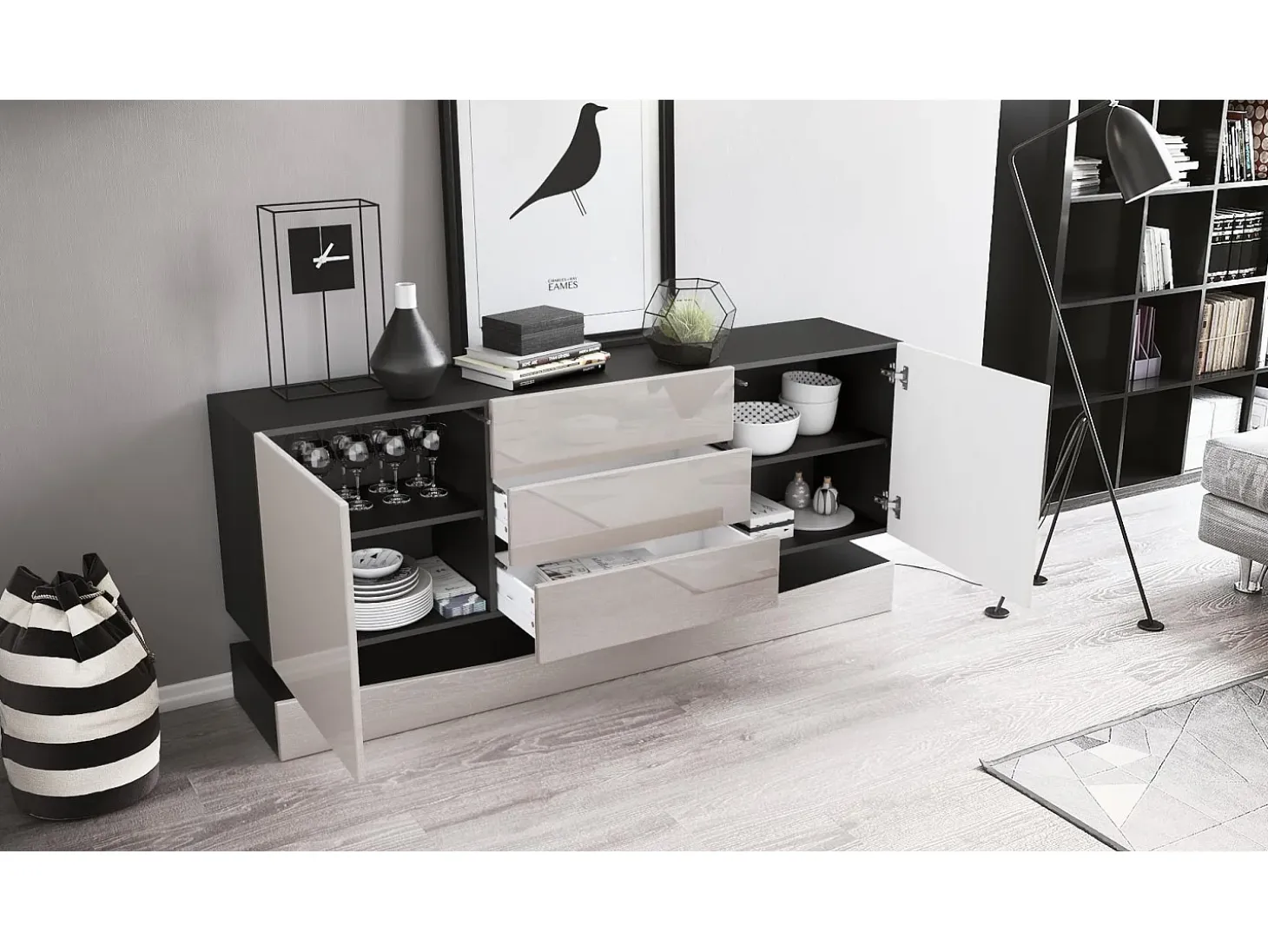 Vladon Aparador City, negro mate/blanco de alto brillo con LED - Cómoda moderna para su salón (178 x 72 x 38 cm)
