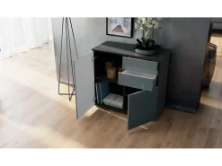 Vladon Cajonera Ben, Cómoda con 2 Puertas y 2 Cajones Negro mate/Gris arena de alto brillo (79 x 74 x 36 cm)