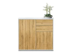 Vladon Cajonera Ben, Cómoda con 2 Puertas y 2 Cajones Blanco mate/Roble natural (79 x 74 x 36 cm)