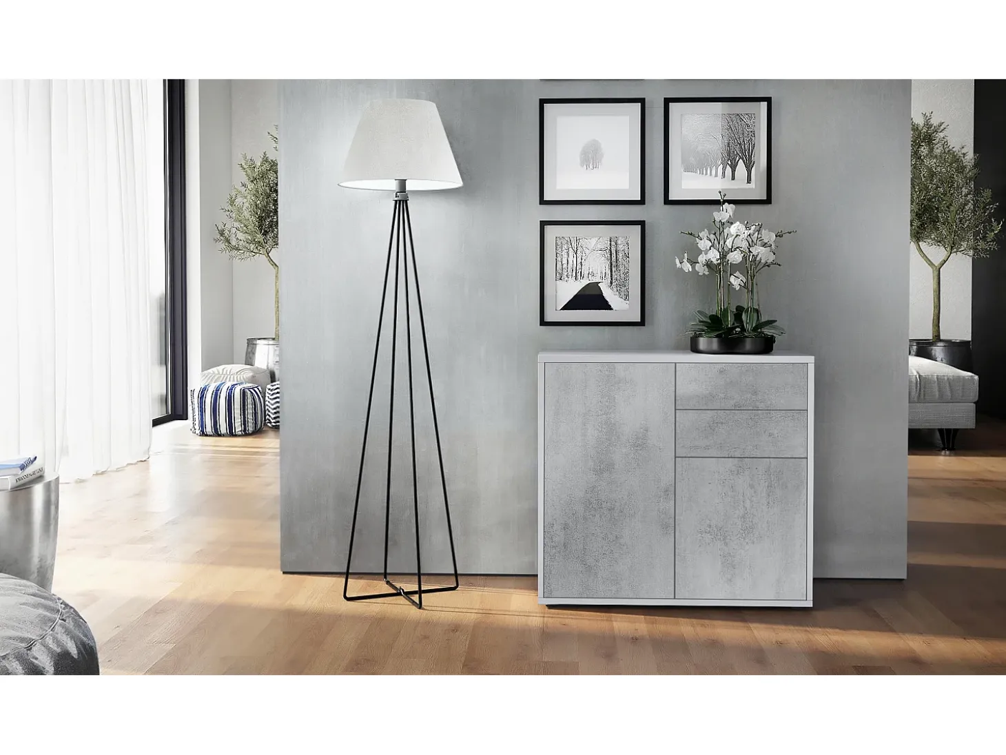 Vladon Cajonera Ben, Cómoda con 2 Puertas y 2 Cajones Blanco mate/Hormigón oxidado (79 x 74 x 36 cm)