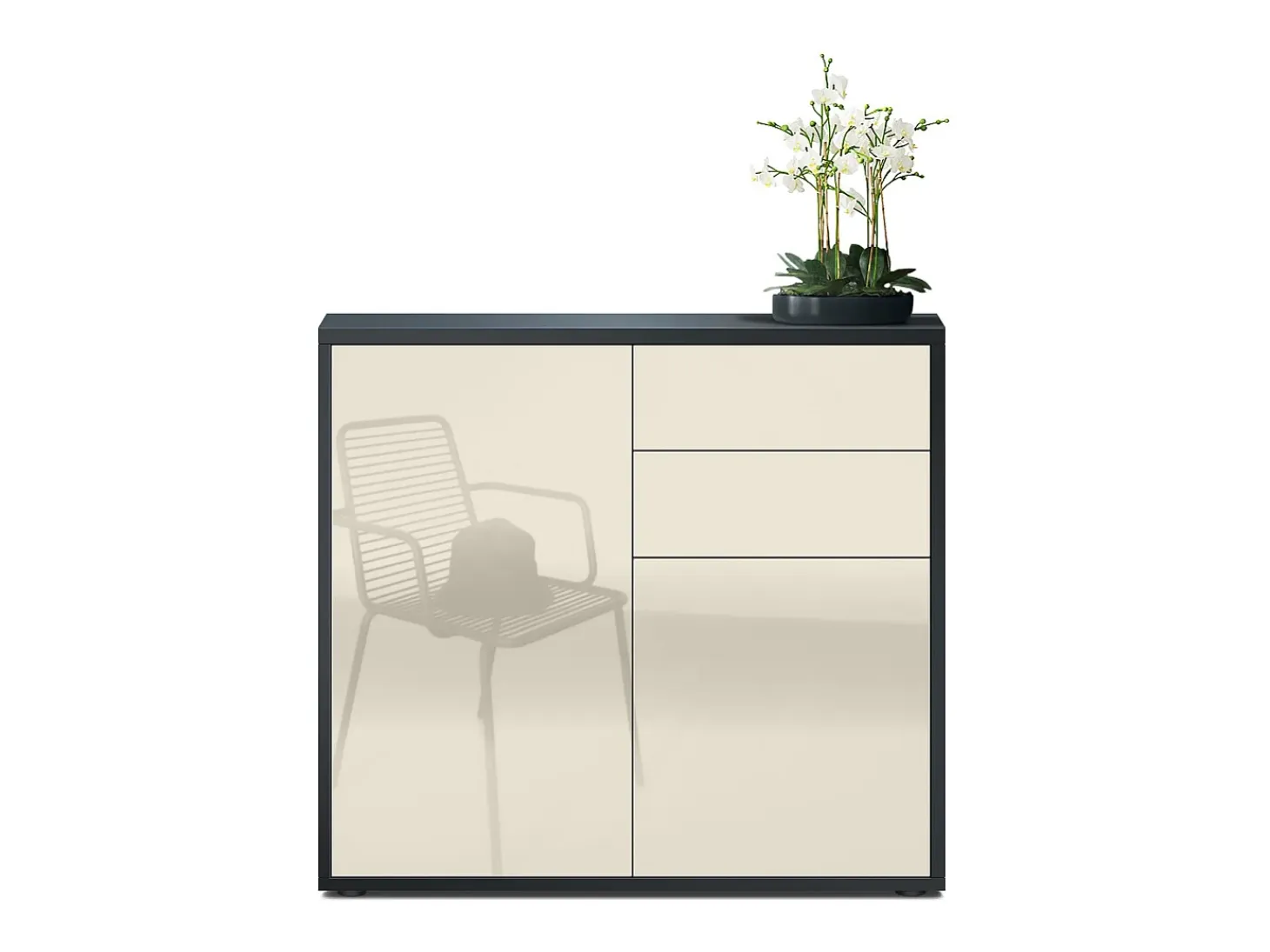 Vladon Cajonera Ben, Cómoda con 2 Puertas y 2 Cajones Negro mate/Crema de alto brillo (79 x 74 x 36 cm)