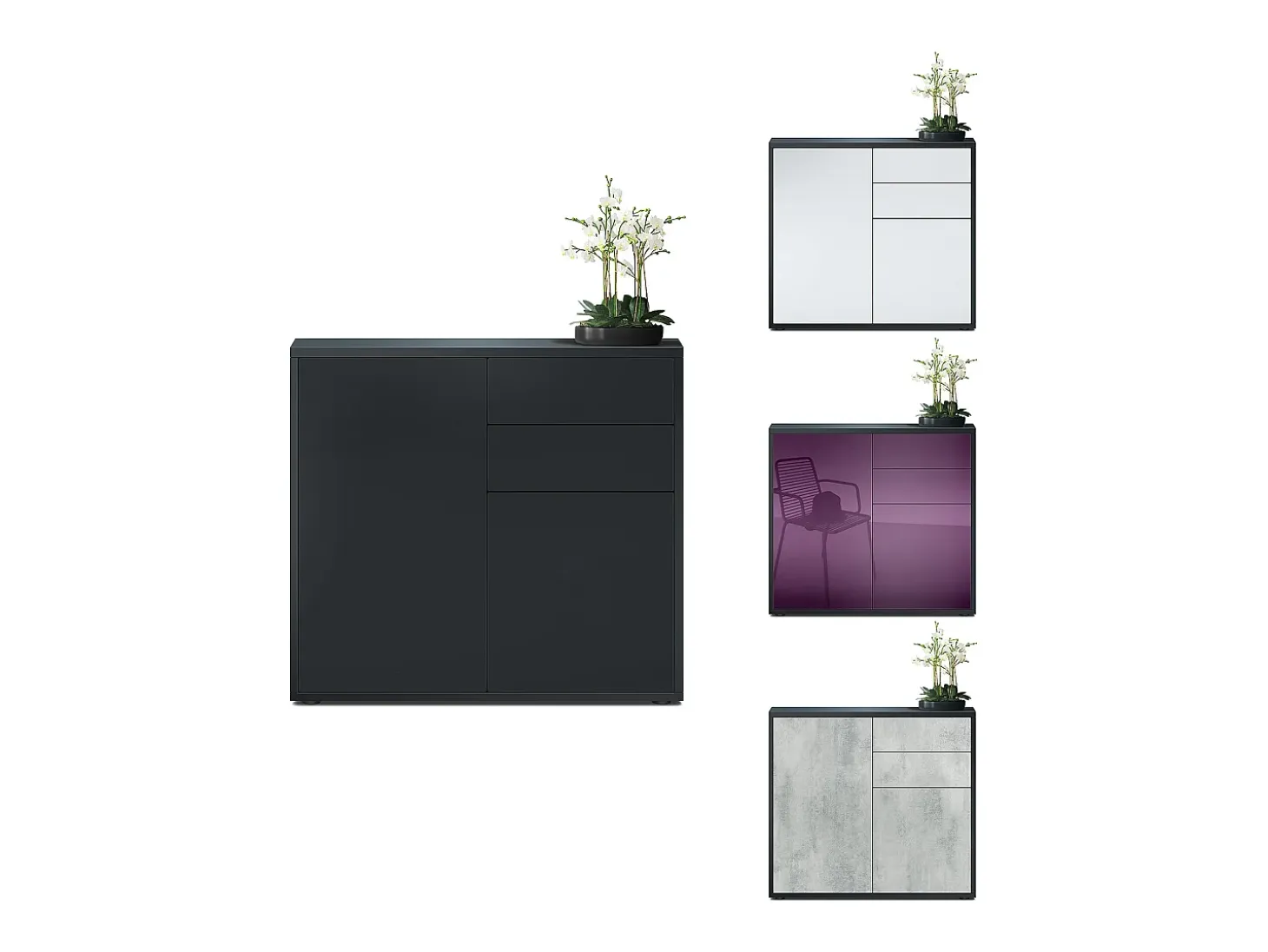 Vladon Cajonera Ben, Cómoda con 2 Puertas y 2 Cajones Negro mate/Crema de alto brillo (79 x 74 x 36 cm)