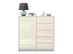 Vladon Cajonera Ben V2, Cómoda con 1 Puerta y 5 Cajones, Blanco mate/Crema de alto brillo (79 x 74 x 36 cm)