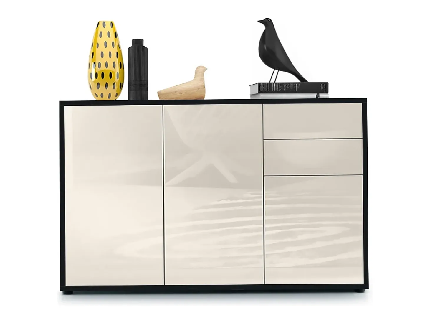 Vladon Cajonera Ben V3, Cómoda con 3 Puertas y 2 Cajones, Negro mate/Crema de alto brillo (117 x 74 x 36 cm)