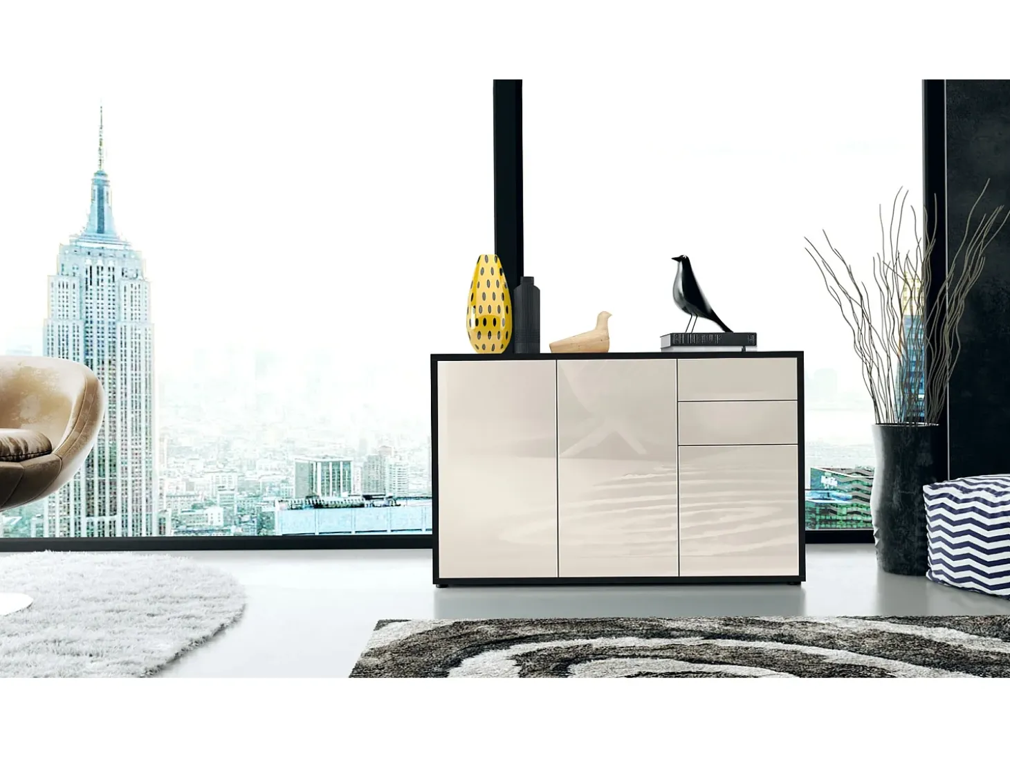 Vladon Cajonera Ben V3, Cómoda con 3 Puertas y 2 Cajones, Negro mate/Crema de alto brillo (117 x 74 x 36 cm)