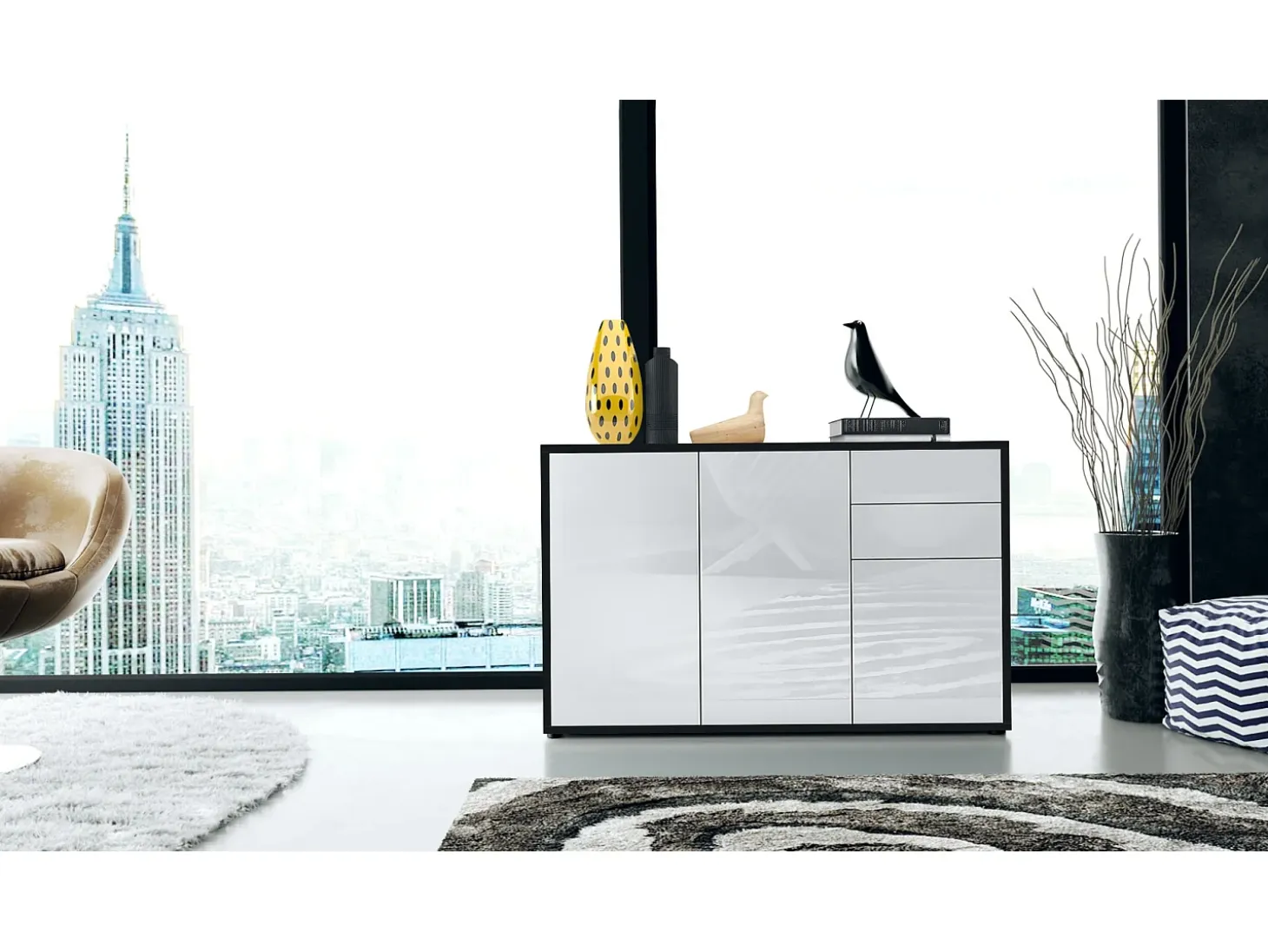 Vladon Cajonera Ben V3, Cómoda con 3 Puertas y 2 Cajones, Negro mate/Blanco de alto brillo (117 x 74 x 36 cm)