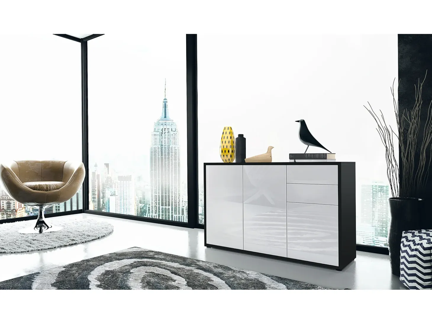 Vladon Cajonera Ben V3, Cómoda con 3 Puertas y 2 Cajones, Negro mate/Blanco de alto brillo (117 x 74 x 36 cm)
