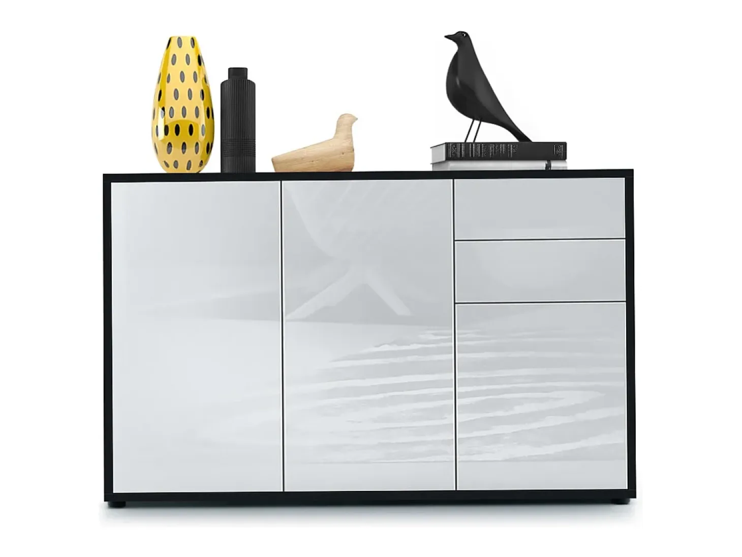 Vladon Cajonera Ben V3, Cómoda con 3 Puertas y 2 Cajones, Negro mate/Blanco de alto brillo (117 x 74 x 36 cm)
