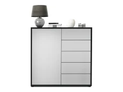 Vladon Cajonera Ben V2, Cómoda con 1 Puerta y 5 Cajones, Negro mate/Gris claro satinado (79 x 74 x 36 cm)
