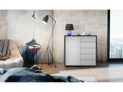 Vladon Cajonera Ben V2, Cómoda con 1 Puerta y 5 Cajones, Negro mate/Gris claro satinado (79 x 74 x 36 cm)