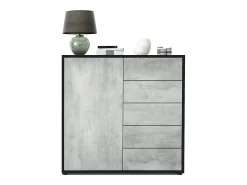 Vladon Cajonera Ben V2, Cómoda con 1 Puerta y 5 Cajones, Negro mate/Hormigón oxidado (79 x 74 x 36 cm)