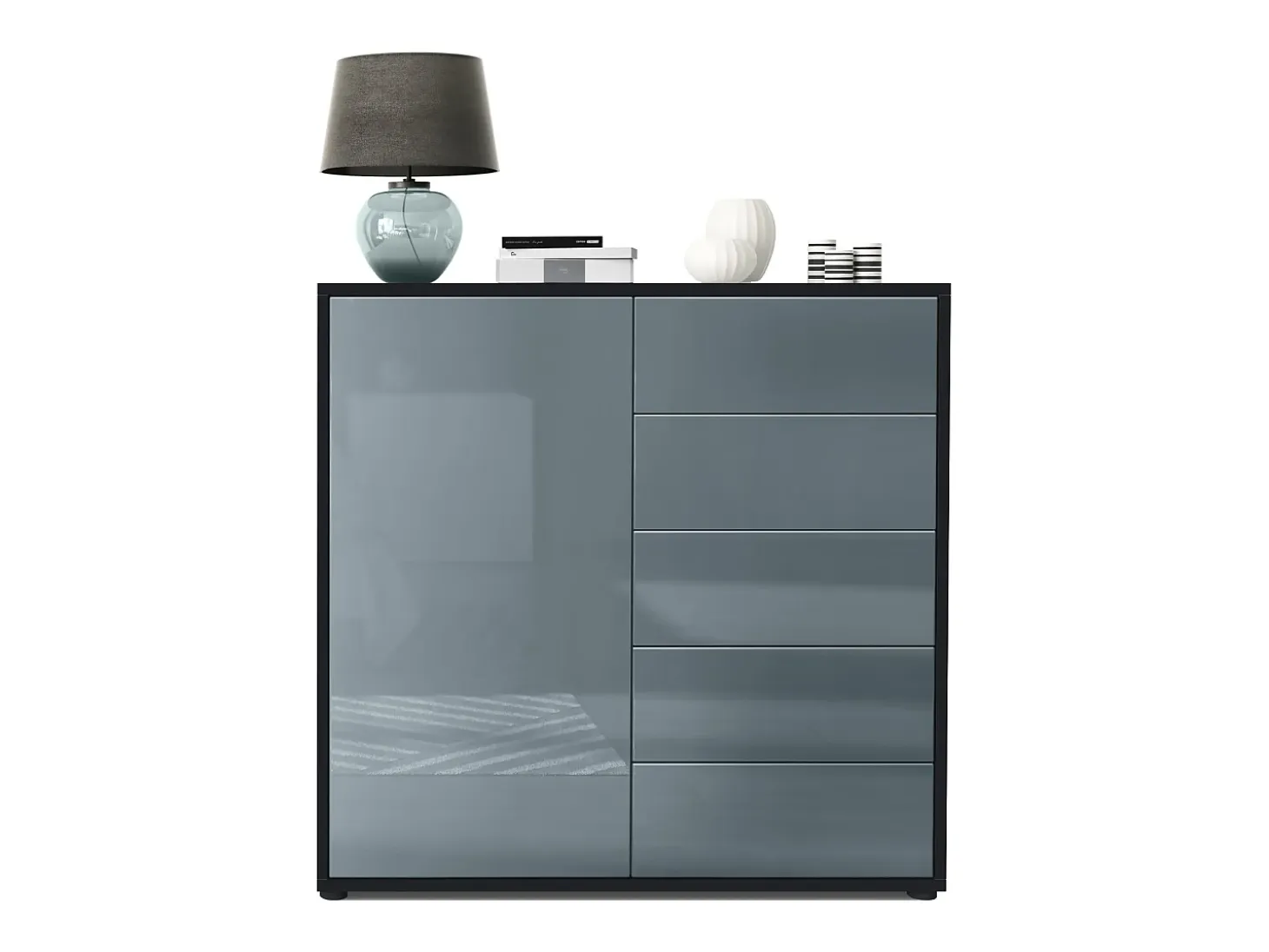 Vladon Cajonera Ben V2, Cómoda con 1 Puerta y 5 Cajones, Negro mate/Gris de alto brillo (79 x 74 x 36 cm)