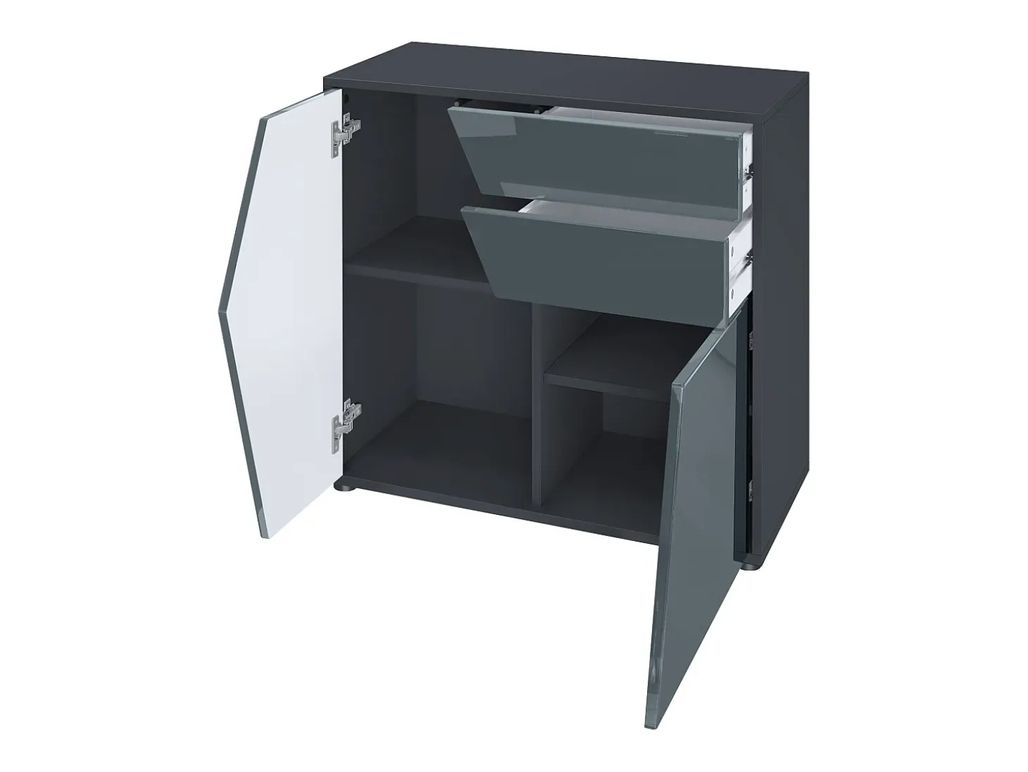 Vladon Cajonera Benny, Cómoda con 2 Puertas y 2 Cajones, Negro mate/Gris de alto brillo (79 x 74 x 36 cm)