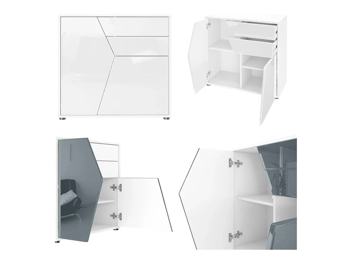 Vladon Cajonera Benny, Cómoda con 2 Puertas y 2 Cajones, Blanco mate/Gris de alto brillo (79 x 74 x 36 cm)
