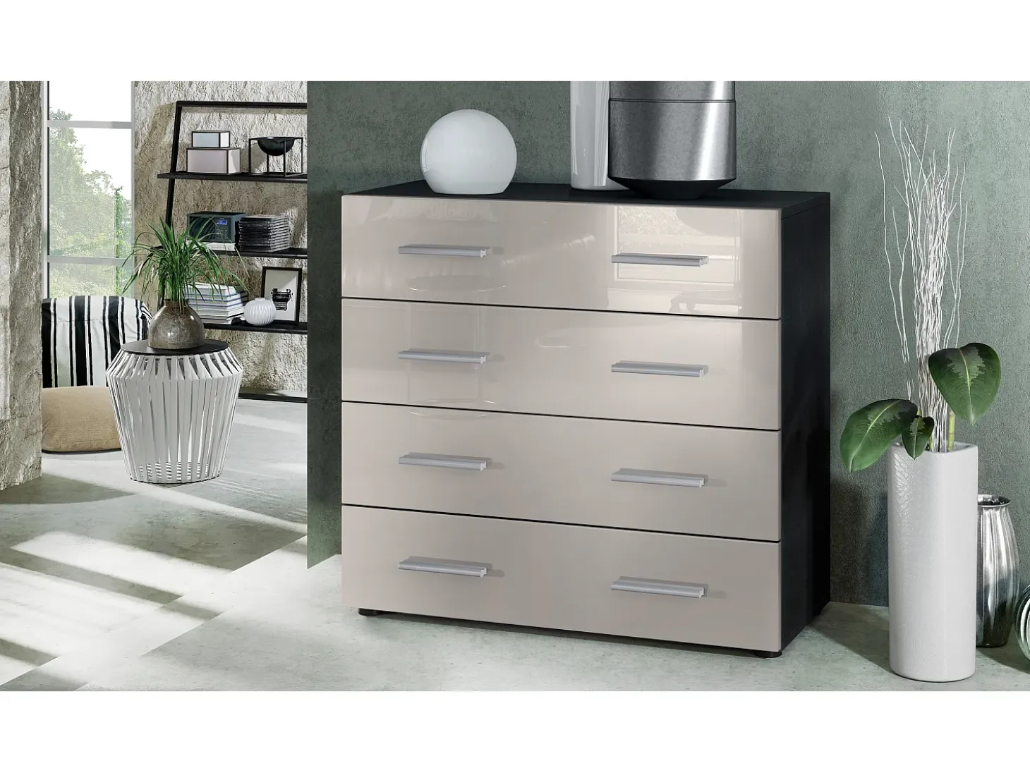 Vladon Cajonera Pavos, Cómoda con 4 Cajones, negro mate/gris arena de alto brillo (76 x 72 x 35 cm)