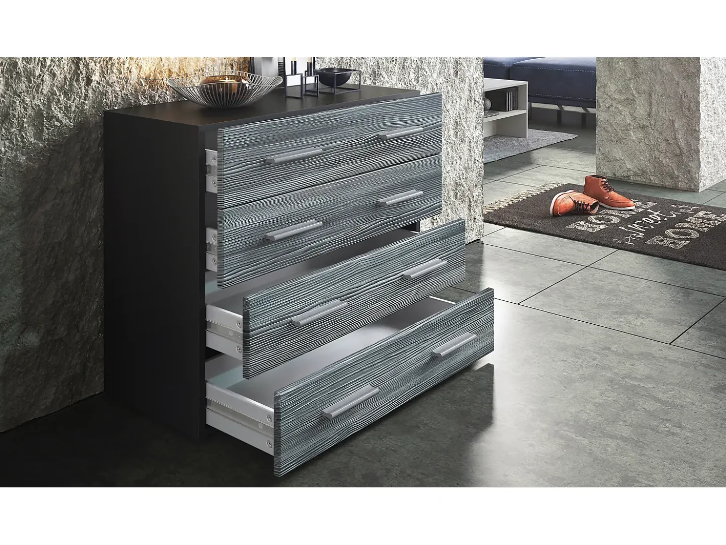 Vladon Cajonera Pavos, Cómoda con 4 Cajones, negro mate/gris arena de alto brillo (76 x 72 x 35 cm)