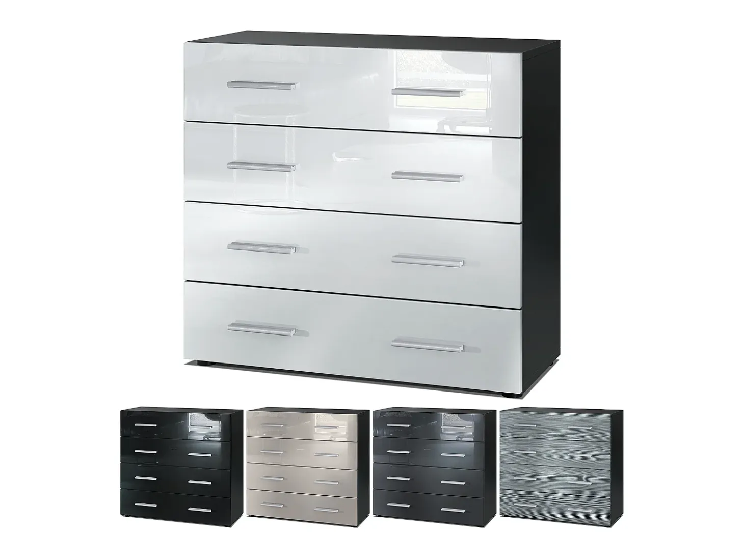 Vladon Cajonera Pavos, Cómoda con 4 Cajones, negro mate/gris arena de alto brillo (76 x 72 x 35 cm)