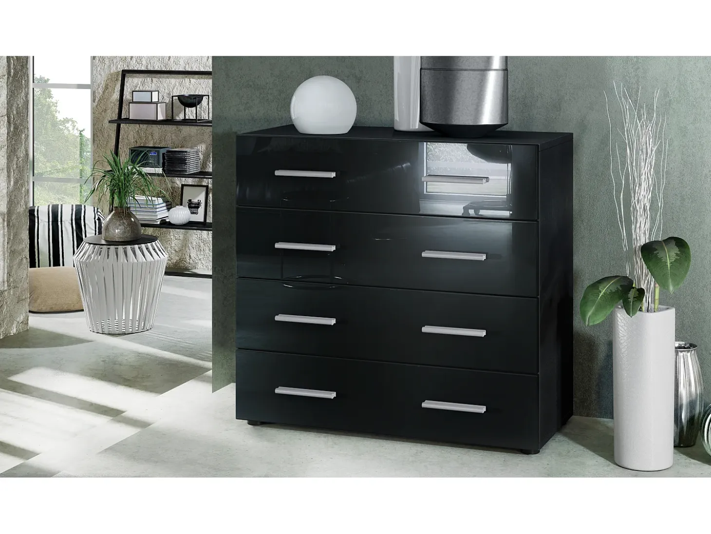 Vladon Cajonera Pavos, Cómoda con 4 Cajones, negro mate/negro de alto brillo (76 x 72 x 35 cm)