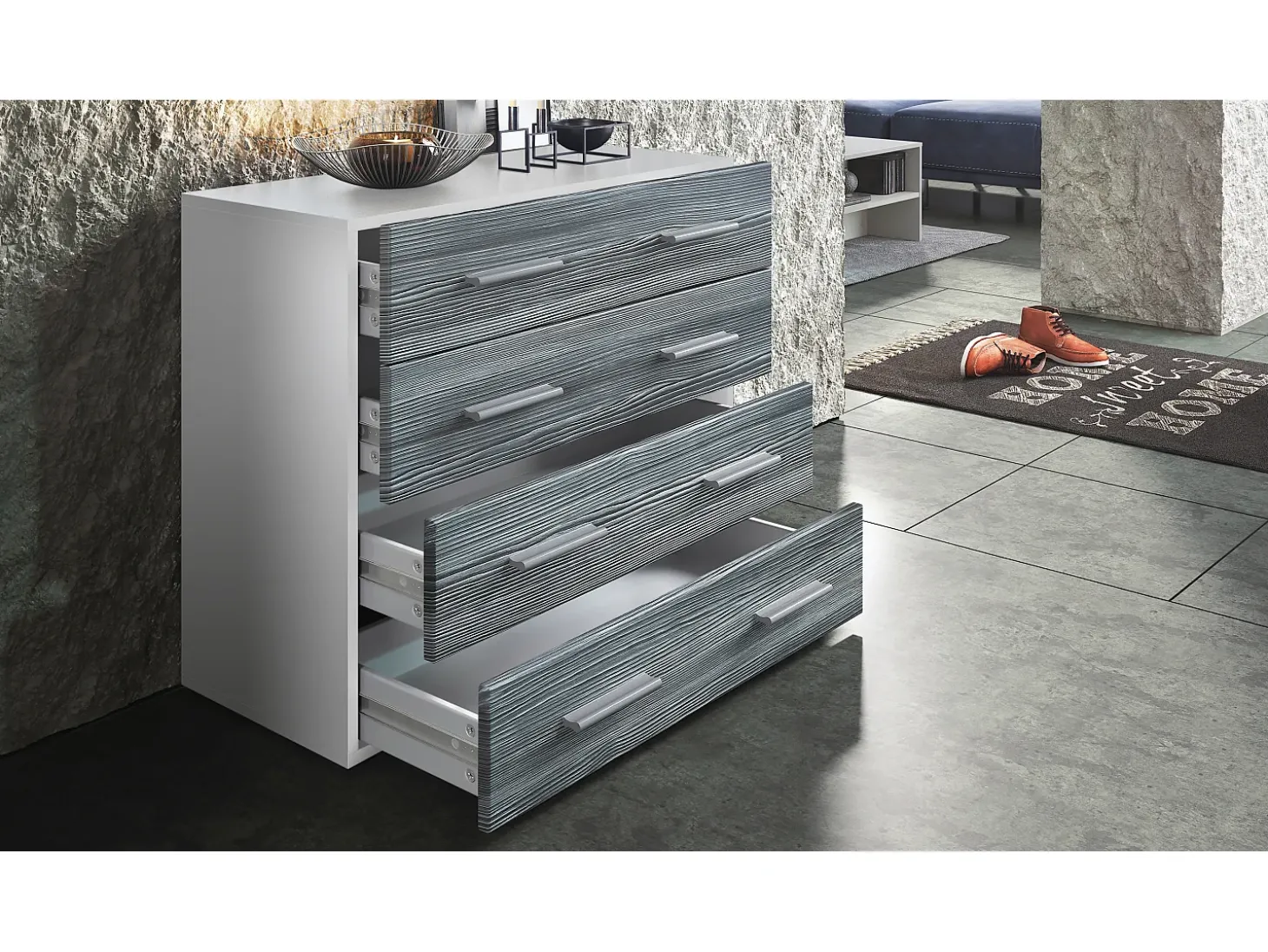 Vladon Cajonera Pavos, Cómoda con 4 Cajones, blanco mate/burdeos de alto brillo (76 x 72 x 35 cm)