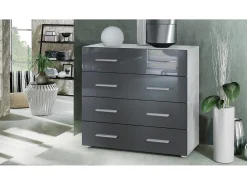 Vladon Cajonera Pavos, Cómoda con 4 Cajones, blanco mate/gris de alto brillo (76 x 72 x 35 cm)