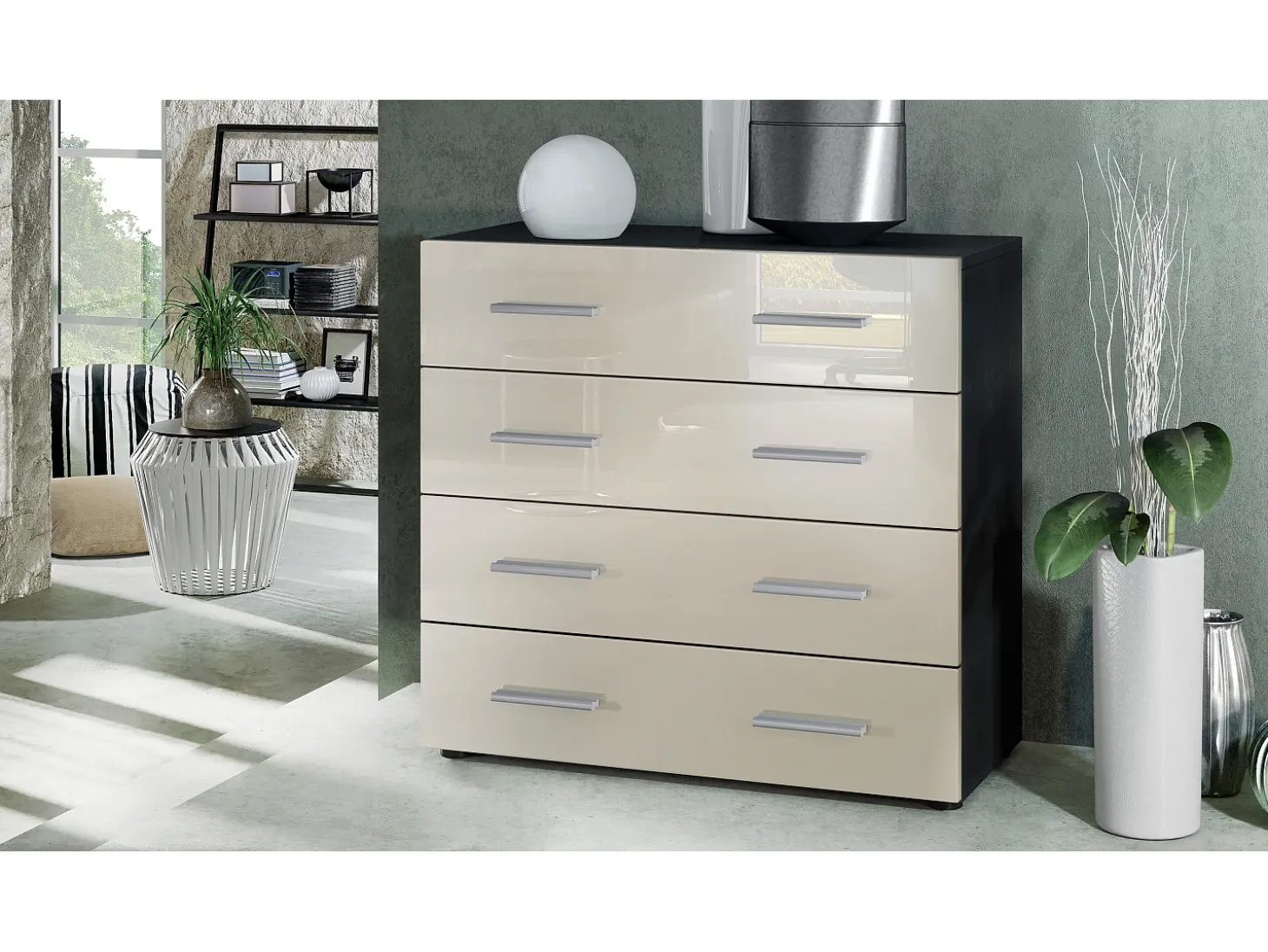 Vladon Cajonera Pavos, Cómoda con 4 Cajones, negro mate/crema de alto brillo (76 x 72 x 35 cm)