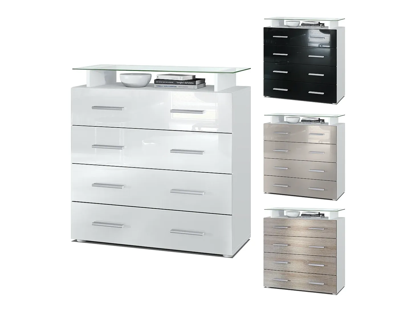 Vladon Cajonera Pavos V2, Cómoda con 4 Cajones y estante de cristal, blanco mate/hormigón oxidado (76 x 81 x 35 cm)