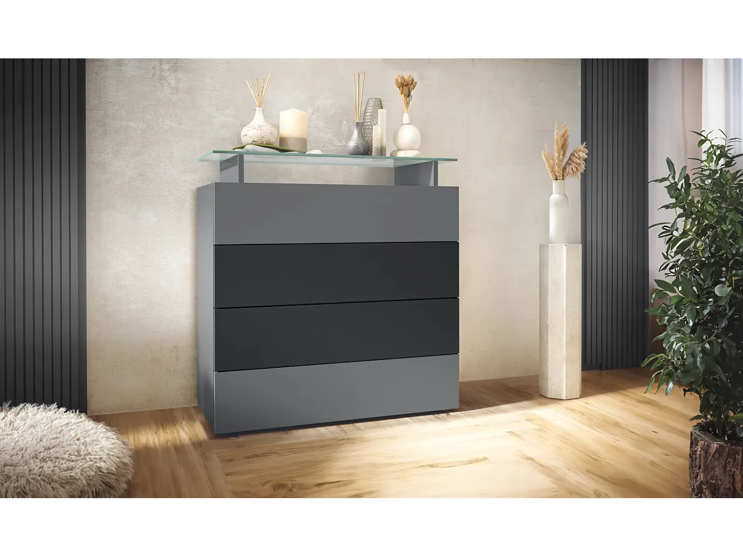 Vladon Cajonera Pavos V2, Cómoda con 4 Cajones y estante de cristal, antracita mate/negro mate (76 x 81 x 35 cm)