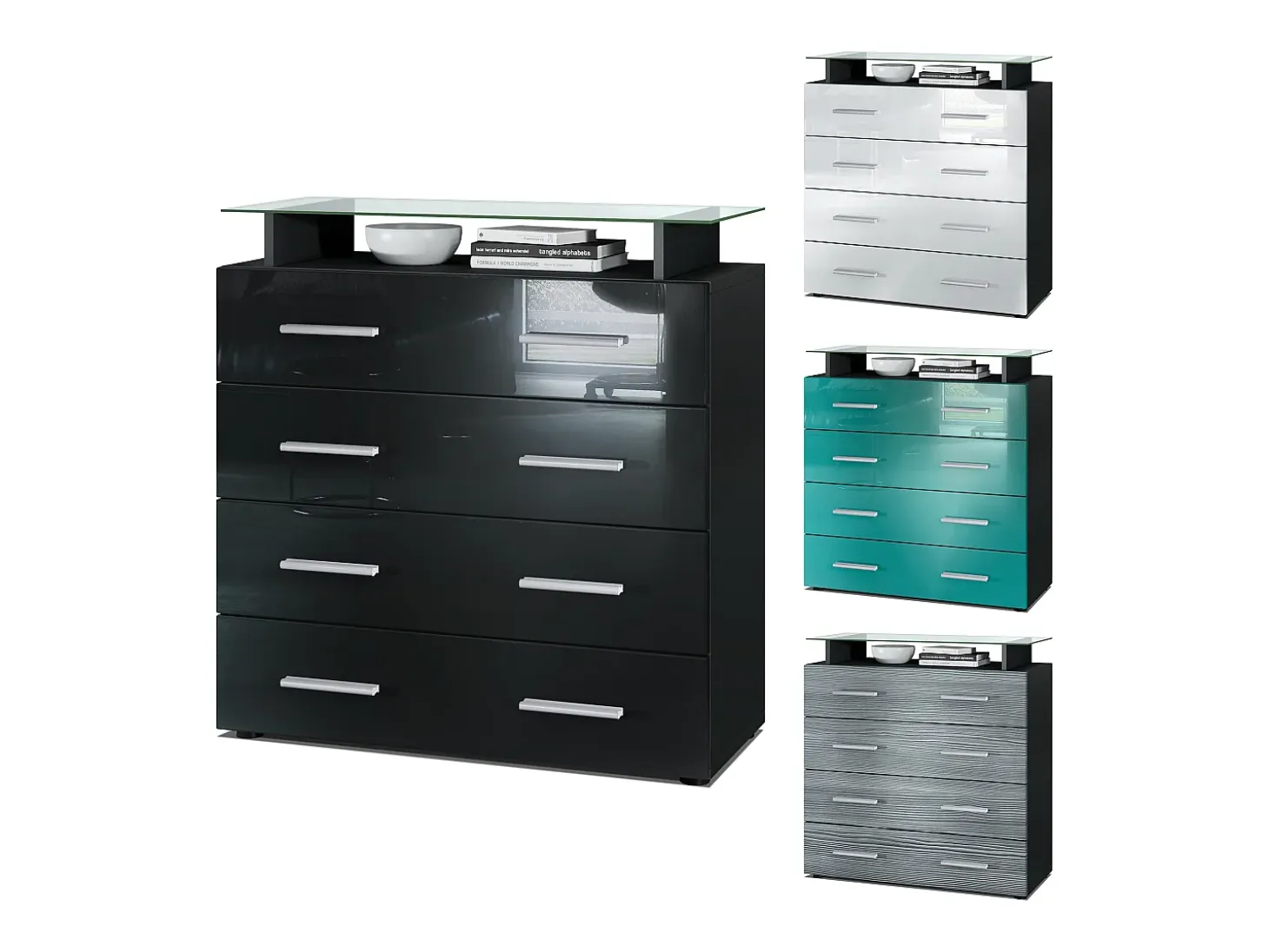 Vladon Cajonera Pavos V2, Cómoda con 4 Cajones y estante de cristal, negro mate/gris arena de alto brillo (76 x 81 x 35 cm)