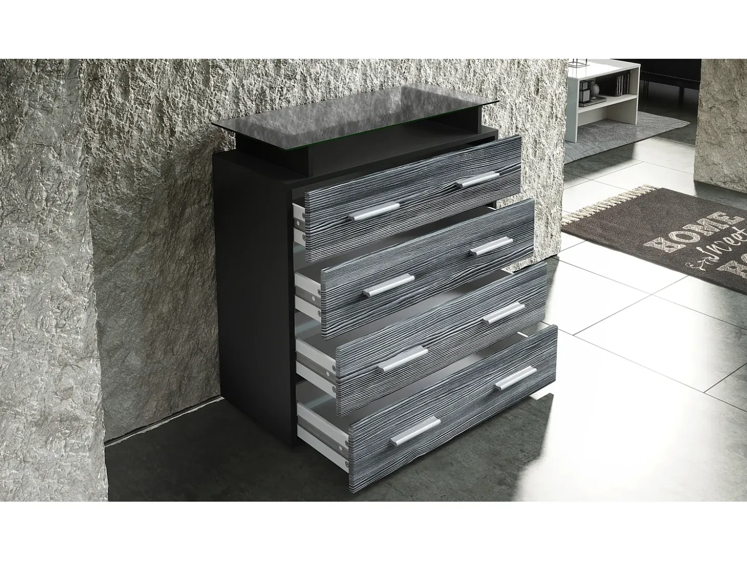 Vladon Cajonera Pavos V2, Cómoda con 4 Cajones y estante de cristal, negro mate/negro de alto brillo (76 x 81 x 35 cm)