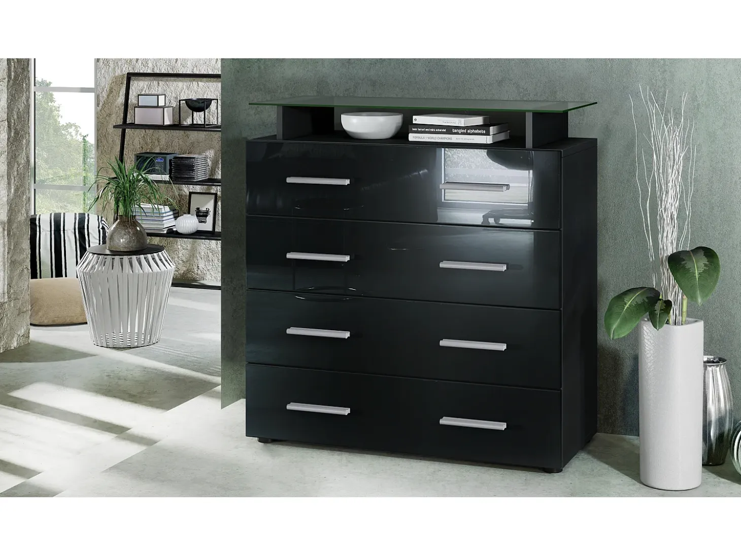 Vladon Cajonera Pavos V2, Cómoda con 4 Cajones y estante de cristal, negro mate/negro de alto brillo (76 x 81 x 35 cm)