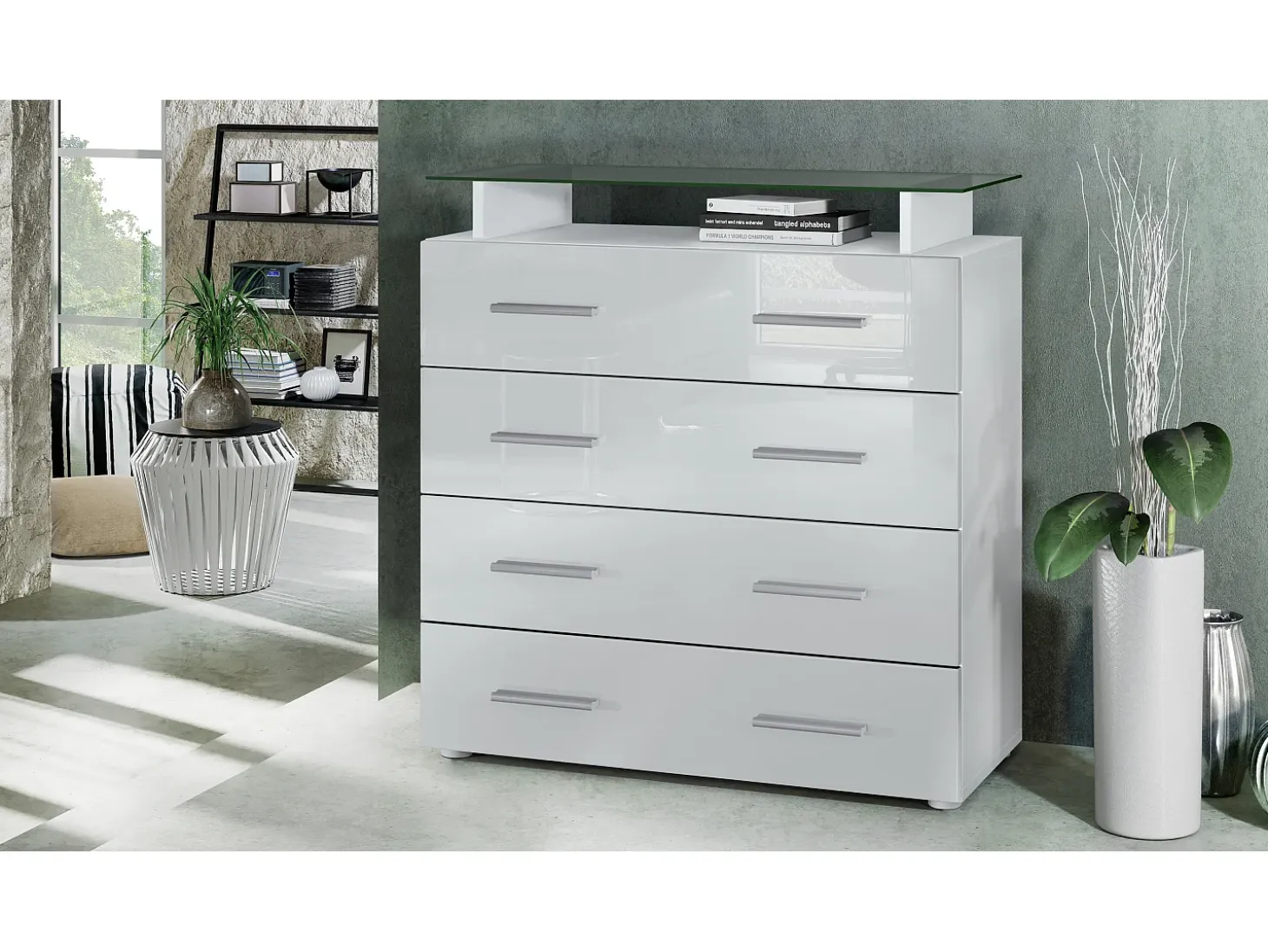 Vladon Cajonera Pavos V2, Cómoda con 4 Cajones y estante de cristal, blanco mate/blanco de alto brillo (76 x 81 x 35 cm)