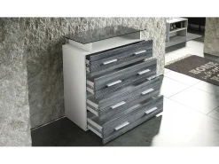 Vladon Cajonera Pavos V2, Cómoda con 4 Cajones y estante de cristal, blanco mate/blanco de alto brillo (76 x 81 x 35 cm)