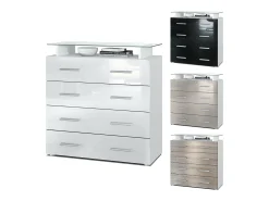 Vladon Cajonera Pavos V2, Cómoda con 4 Cajones y estante de cristal, blanco mate/blanco de alto brillo (76 x 81 x 35 cm)