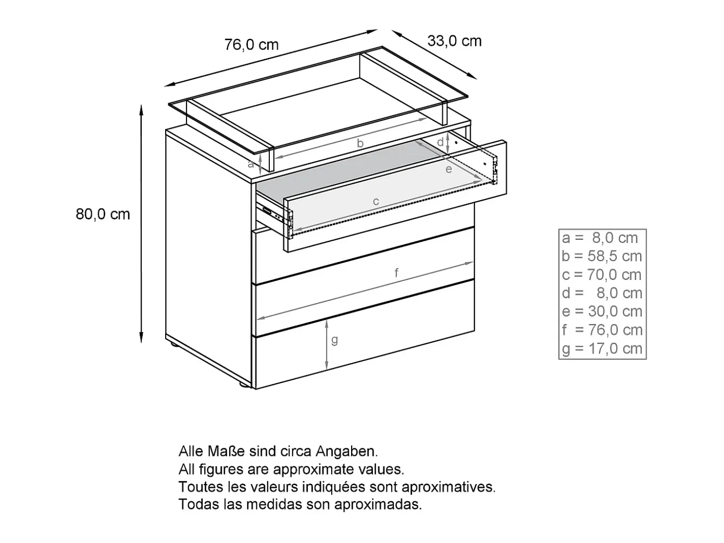 Vladon Cajonera Pavos V2, Cómoda con 4 Cajones y estante de cristal, antracita mate/blanco mate (76 x 81 x 35 cm)
