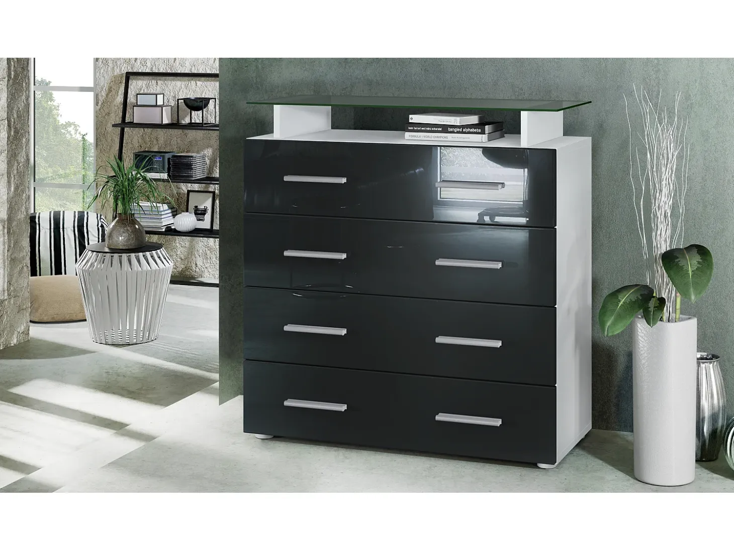 Vladon Cajonera Pavos V2, Cómoda con 4 Cajones y estante de cristal, blanco mate/negro de alto brillo (76 x 81 x 35 cm)