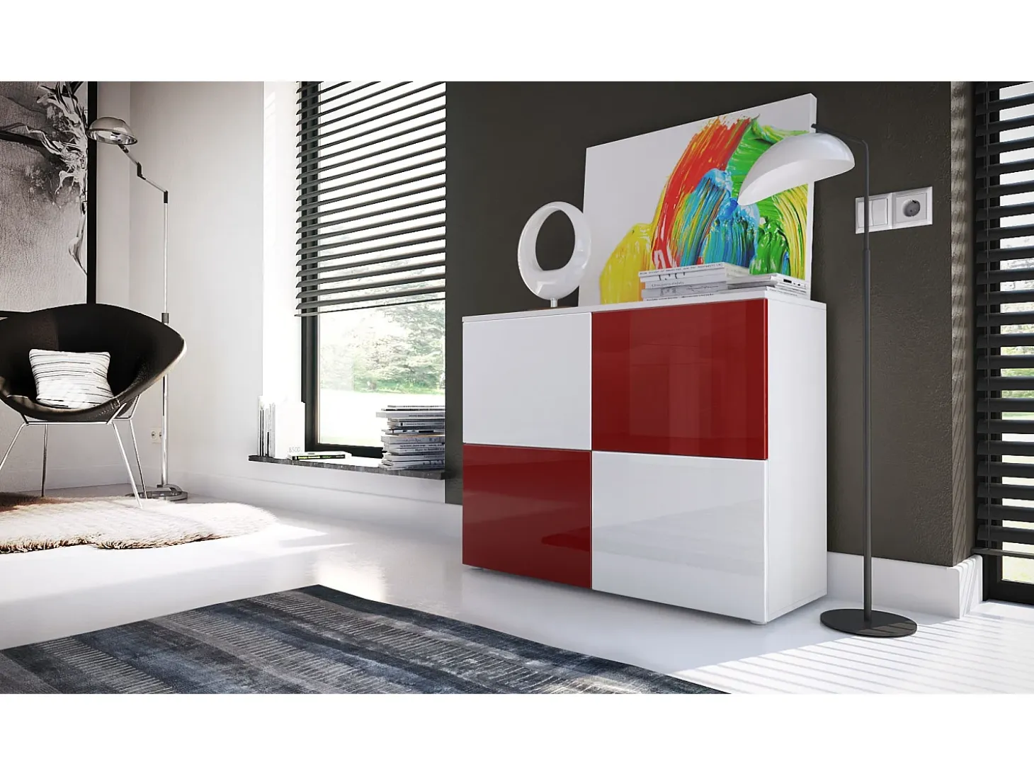 Vladon Cajonera Rova, Cómoda con 4 Puertas, Blanco mate/Blanco de alto brillo/Burdeos de alto brillo (92 x 72 x 35 cm)