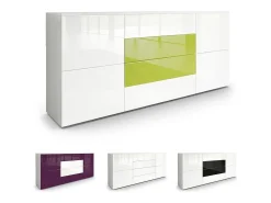 Vladon Cajonera Rova, Cómoda con 4 Puertas y 4 cajones, Blanco mate/Blanco de alto brillo/Roble natural (166 x 72 x 35 cm)