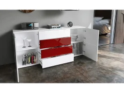 Vladon Cajonera Rova, Cómoda con 4 Puertas y 4 cajones, Blanco mate/Gris arena de alto brillo (166 x 72 x 35 cm)